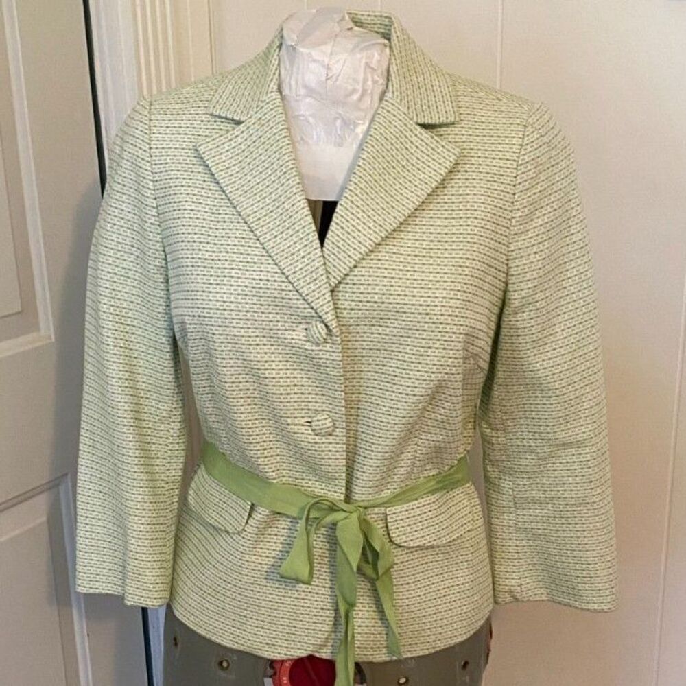 Old Navy Tweed Lime & White Belted Three Quarter Sleeve Blazer Size S